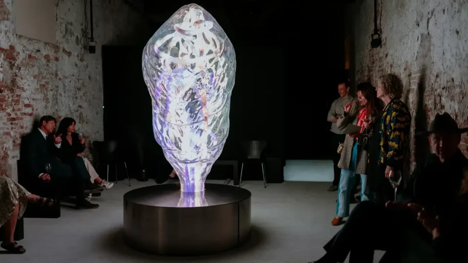 Escultura Heart of the Ocean iluminada en una sala del Salone Verde de Venecia durante la exposición Matriclysm de Jewel
