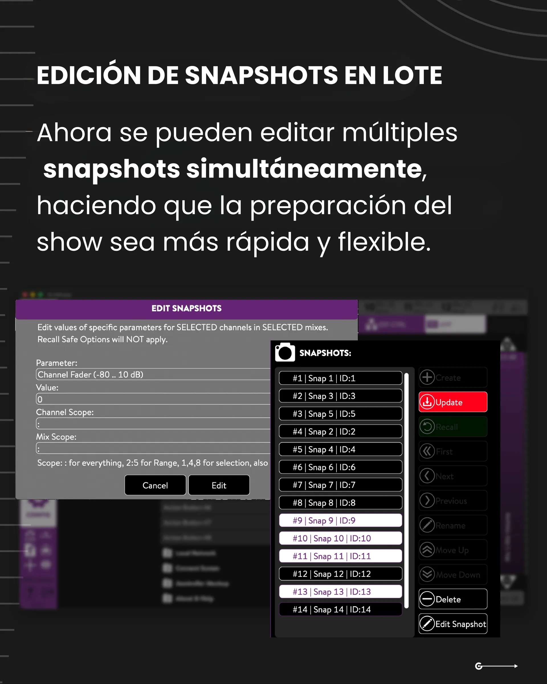 KLANG presenta KOS 6 con patching Dante nativo y nuevas funciones de control 5 Edición por lotes de snapshots en la aplicación de KLANG
