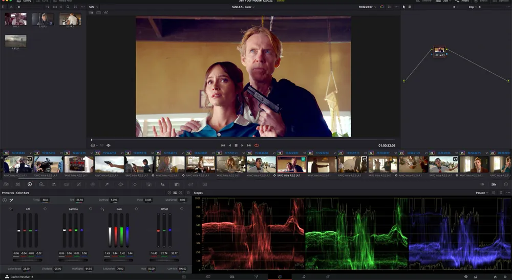 Módulo de color de DaVinci Resolve Studio durante el etalonaje del documental Sell Your House