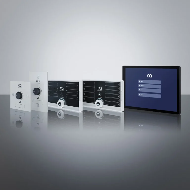 Ecosistema Optimal Audio SmartAmp con la app SmartAmp Custom Configurator, controladores murales ZonePad VL1 y pantalla de control por zonas