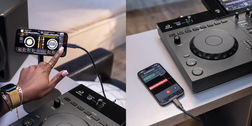 XDJ-AN conectado a un smartphone con una aplicación DJ para iOS