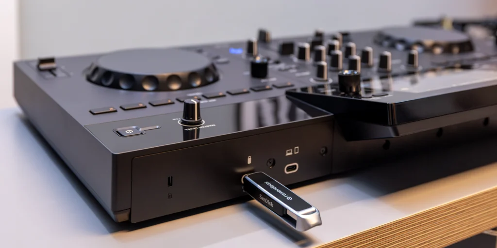 Puertos USB Type-C del AlphaTheta XDJ-AN con una unidad USB conectada