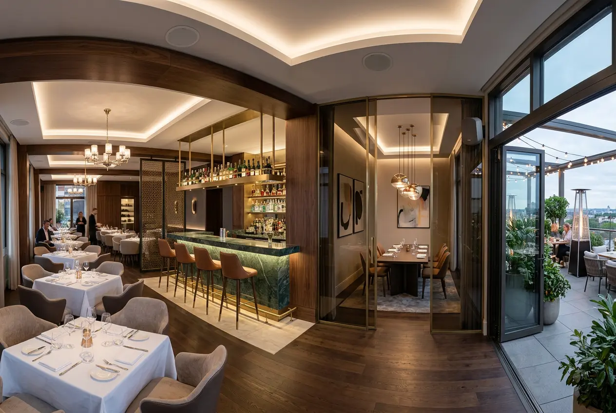 Restaurante con comedor, barra, sala privada acristalada y terraza, con altavoces de techo repartidos