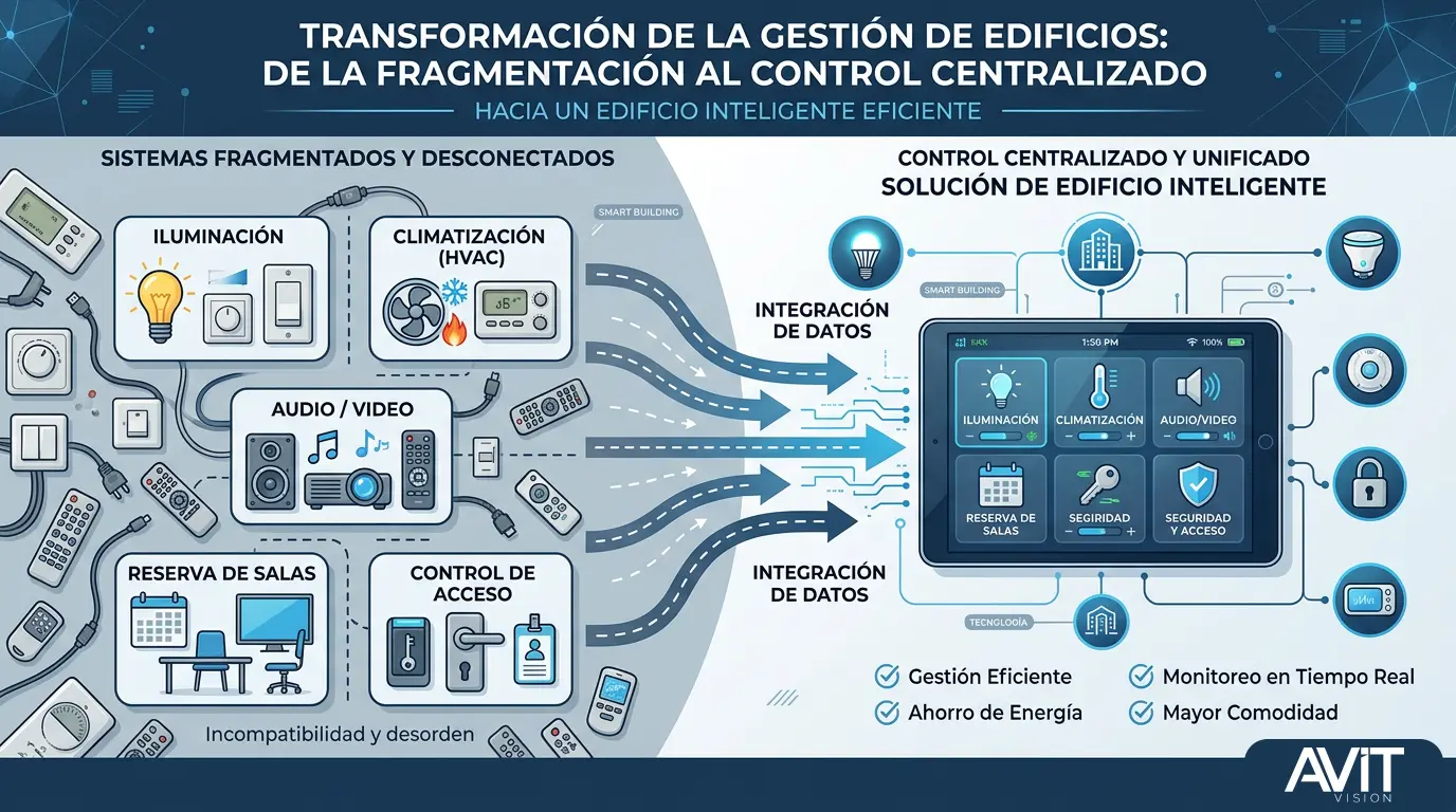 Comparativa entre sistemas de edificio fragmentados y un control centralizado que reúne iluminación, climatización, audio y vídeo, reserva de salas y accesos