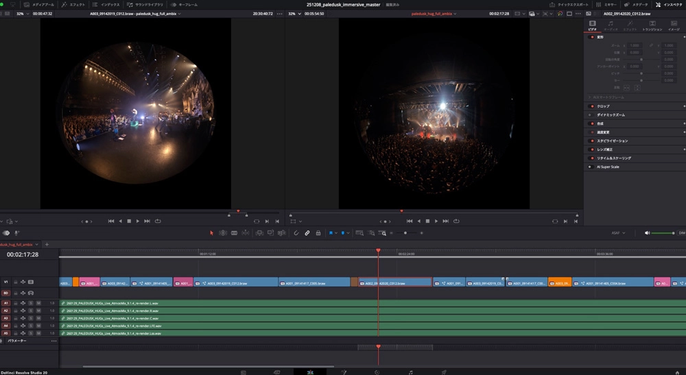 Montaje del directo de Paledusk en la línea de tiempo de DaVinci Resolve Studio, con los planos inmersivos y las pistas de audio