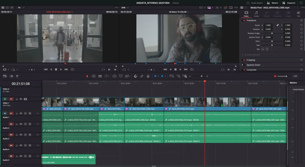 Montaje del documental Andata e Ritorno en DaVinci Resolve Studio, con visor doble y panel multimedia