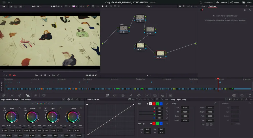Etalonaje de Andata e Ritorno en la página de color de DaVinci Resolve Studio, con árbol de nodos y ruedas cromáticas