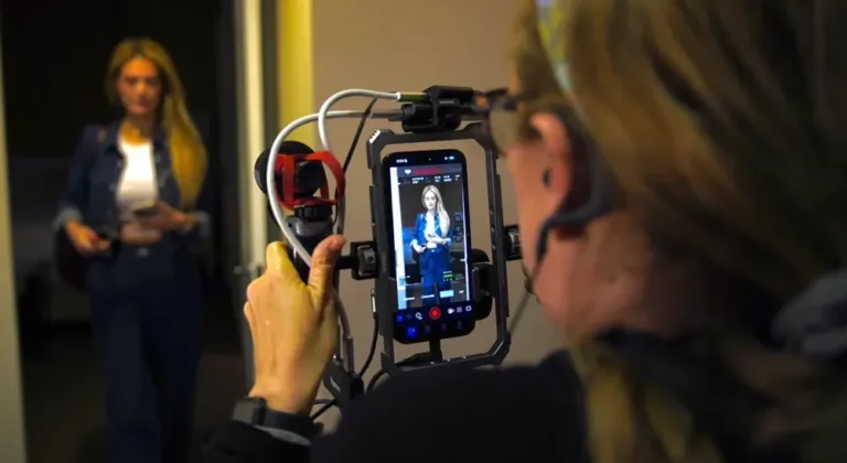 Operadora de cámara sostiene un iPhone montado en un armazón mientras graba a una integrante del reparto de «Legal Queens»; en la pantalla se ve la interfaz de Blackmagic Camera
