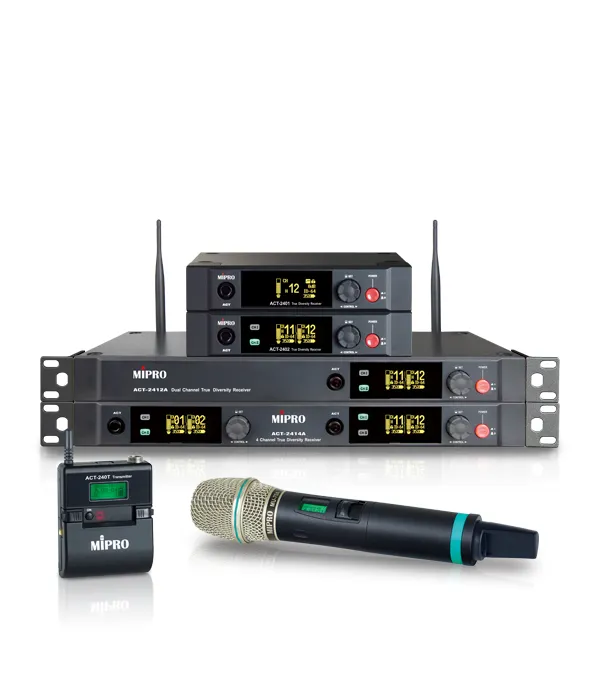MIPRO estructura sus sistemas inalámbricos en siete series ACT para directo, educación e instalación AV 7 Sistema inalámbrico digital MIPRO ACT-2400 en banda de 2,4 GHz con receptores true diversity y transmisores de mano y petaca.