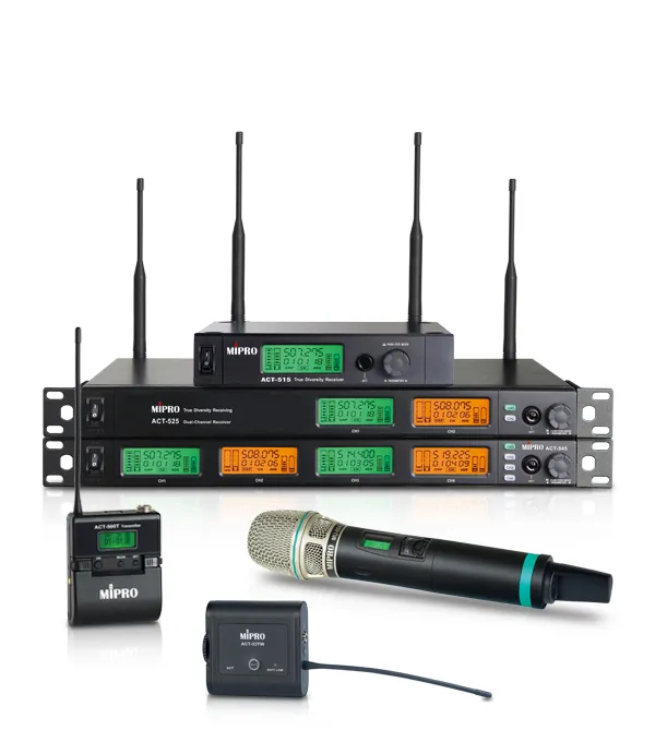 MIPRO estructura sus sistemas inalámbricos en siete series ACT para directo, educación e instalación AV 3 Sistema inalámbrico UHF analógico MIPRO ACT-500 con receptores ACT-515, ACT-525 y ACT-545 y transmisores de mano y petaca.
