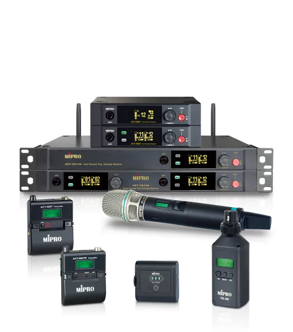 MIPRO estructura sus sistemas inalámbricos en siete series ACT para directo, educación e instalación AV 8 Sistema inalámbrico digital MIPRO ACT-5800 en banda de 5 GHz con receptores multicanal y transmisores de mano, petaca y plug-on.