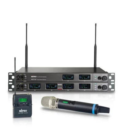 MIPRO estructura sus sistemas inalámbricos en siete series ACT para directo, educación e instalación AV 5 Sistema inalámbrico UHF analógico MIPRO ACT-700 con receptores ACT-727 y ACT-747 y transmisores de mano y petaca.