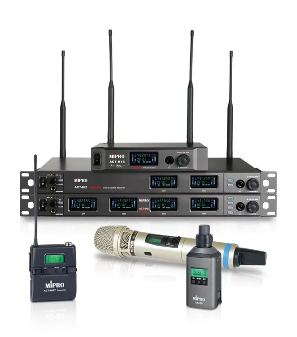 MIPRO estructura sus sistemas inalámbricos en siete series ACT para directo, educación e instalación AV 6 Sistema inalámbrico digital UHF MIPRO ACT-800 con receptores ACT-818, ACT-828 y ACT-848 y transmisores de mano, petaca y plug-on.