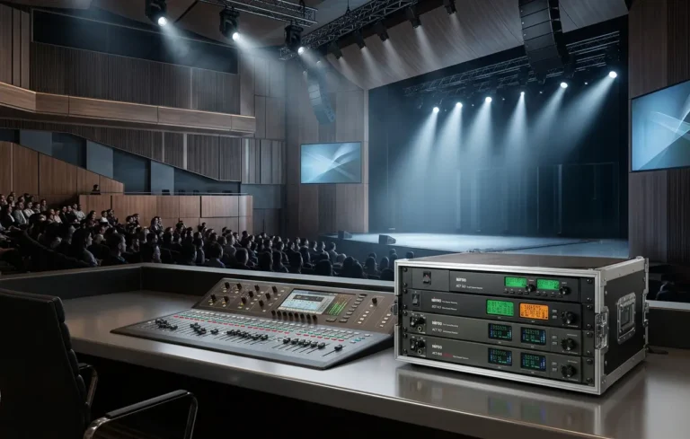 MIPRO estructura sus sistemas inalámbricos en siete series ACT para directo, educación e instalación AV 9 Receptores inalámbricos MIPRO ACT montados en rack junto a la mesa de mezclas en la sala de control de un auditorio.