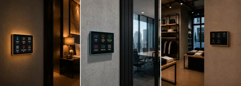 Paneles de control para edificios inteligentes instalados en una habitación de hotel, una sala de reuniones y un espacio de retail