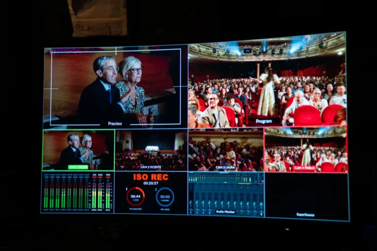 La producción multicámara de La Vida y Tal: así se graba en directo el podcast de Ana Milán 2 Multiviewer del ATEM Mini Extreme ISO G2 durante una función de La Vida y Tal, con las señales de cámara, el programa en directo y el teatro lleno de público
