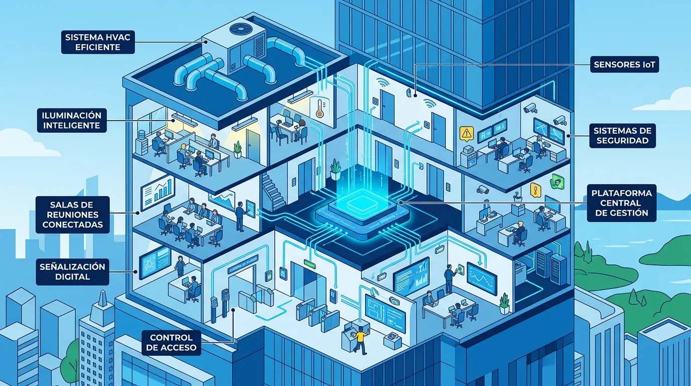 Esquema de un edificio de oficinas con climatización, iluminación, sensores IoT, control de acceso, señalización digital y una plataforma central de gestión