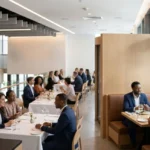 Altavoz de superficie Biamp instalado en la pared de un comedor de restaurante con mesas ocupadas y reservados