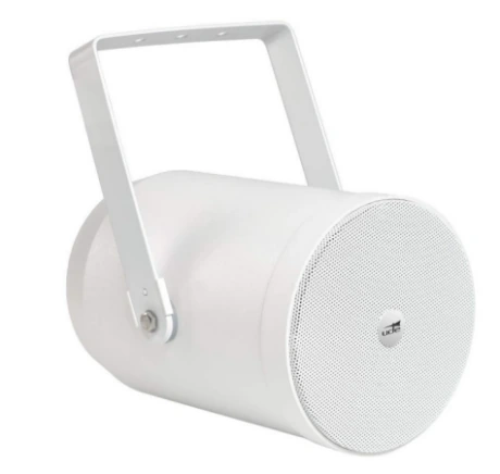 Proyector acústico UDE AP-710EN, altavoz direccional cilíndrico blanco con estribo de montaje superior en U
