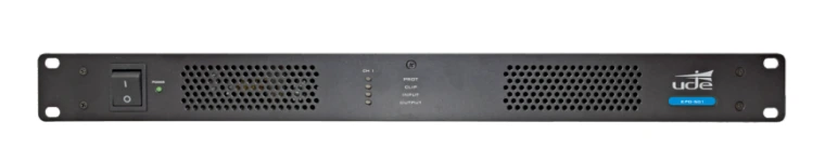 Frontal de la etapa de potencia UDE EPD-501 en formato rack de una unidad, con interruptor e indicadores de canal