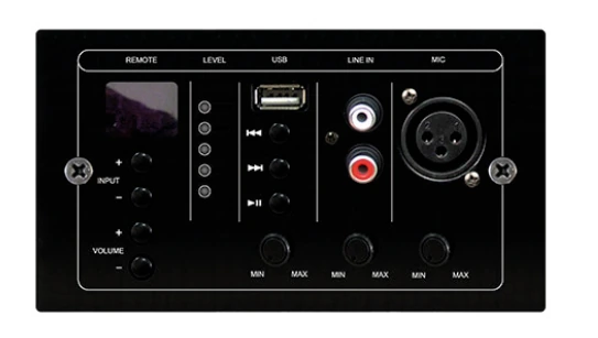 Módulo de control remoto UDE MX-1888 empotrado en pared con puerto USB, entradas de línea RCA, conector XLR y mandos de nivel