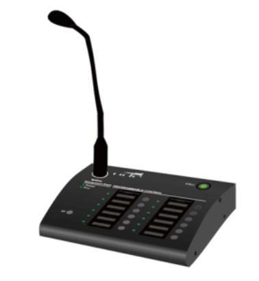 Micrófono remoto de avisos UDE PZ-500 con cuello de cisne y teclado de selección de zonas sobre base de sobremesa