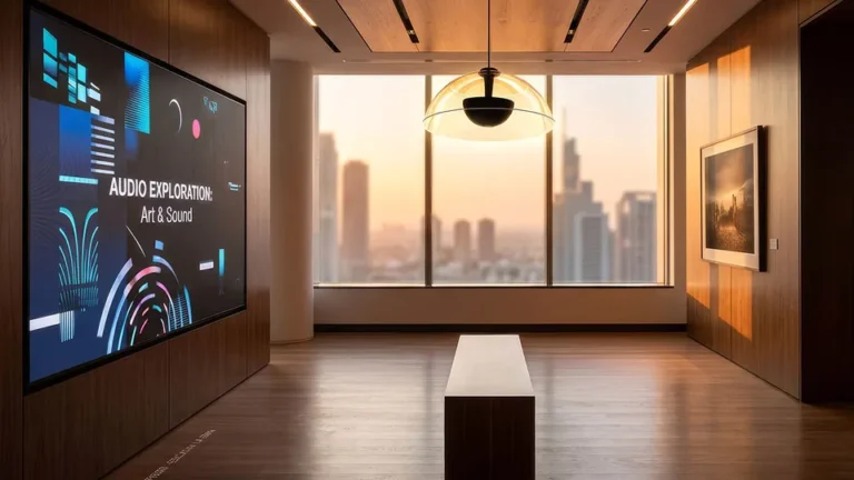 Altavoz parabólico SoundTube instalado sobre una zona de escucha en un espacio corporativo