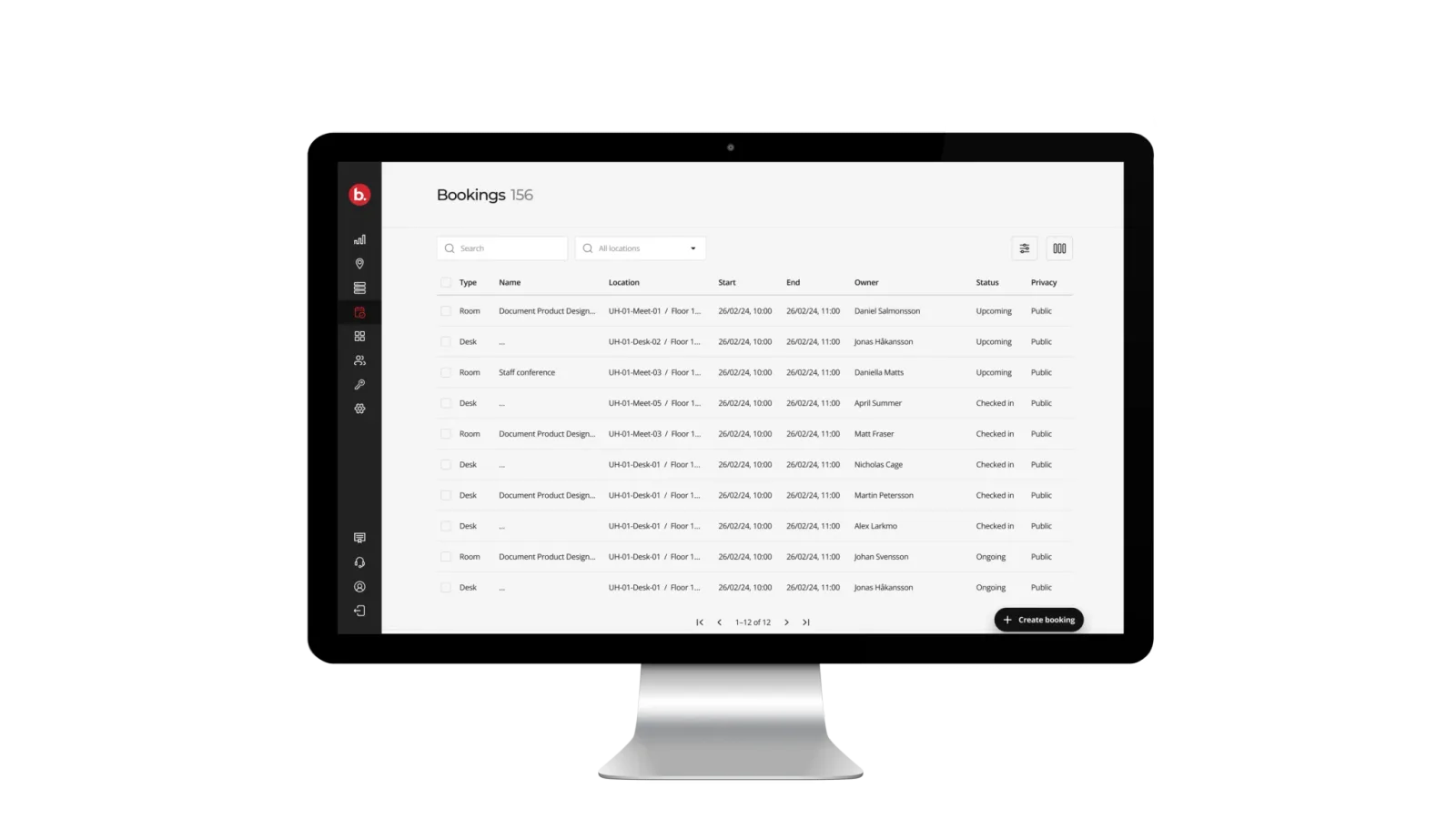 Consola web de Biamp Workplace con el listado de reservas de salas y puestos de una sede