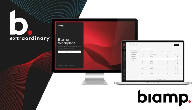 Acceso a Biamp Workplace y vista de ubicaciones con plantas, recursos y número de dispositivos de un campus