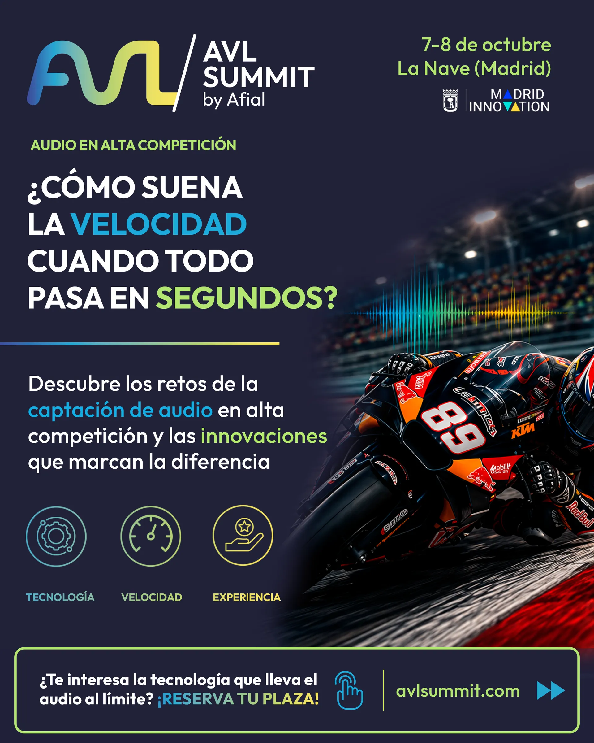 Cartel de la conferencia sobre audio para MotoGP de Audio-Technica en AVL Summit 2026, con una motocicleta en curva
