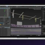 Interfaz de d&b ArrayCalc V13 beta con System Auralization y vista 3D en primera persona de un recinto con line arrays