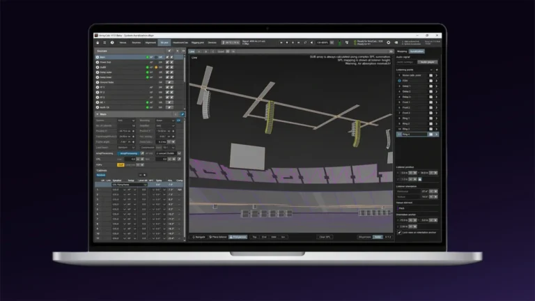 Interfaz de d&b ArrayCalc V13 beta con System Auralization y vista 3D en primera persona de un recinto con line arrays