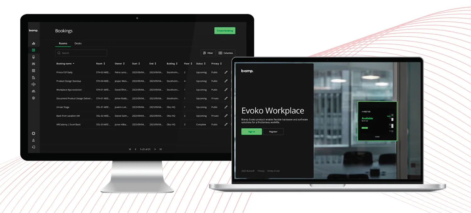 Gestión de espacios de trabajo: cómo optimizar la oficina híbrida con Biamp Evoko 3 Panel de inicio de sesión de Evoko Workplace junto a un listado de reservas de salas y escritorios en el panel de administración de Biamp