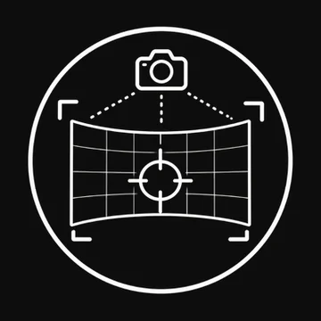 Panasonic amplía la gestión remota de proyectores con RMS Pro 2 Icono de Panasonic del servicio de Ajuste de imagen: una cámara encuadrando una pantalla curva con rejilla de alineación y punto de mira