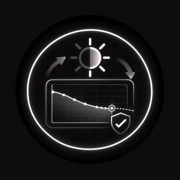 Panasonic amplía la gestión remota de proyectores con RMS Pro 4 Icono de Panasonic del servicio de Mantenimiento del brillo: un sol y una gráfica de brillo descendente con un escudo de verificación