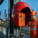 Operario con equipo de protección habla por un intercomunicador industrial naranja con teclado, instalado bajo una cabina acústica roja en una pasarela de planta industrial