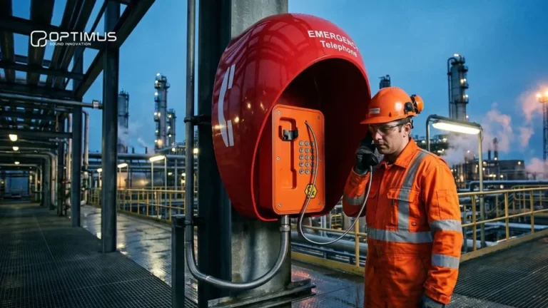 Operario con equipo de protección habla por un intercomunicador industrial naranja con teclado, instalado bajo una cabina acústica roja en una pasarela de planta industrial