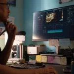 Editor revisando el montaje del cortometraje Moral Dirt en la interfaz de DaVinci Resolve Studio