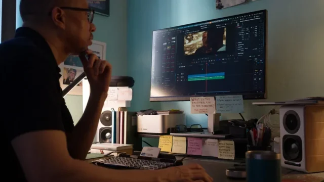 Editor revisando el montaje del cortometraje Moral Dirt en la interfaz de DaVinci Resolve Studio