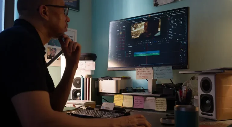 Editor revisando el montaje del cortometraje Moral Dirt en la interfaz de DaVinci Resolve Studio
