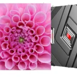 Cabinet de videowall Planar DirectLight Pro de Leyard Europe: cara frontal LED reproduciendo una flor rosa y una segunda unidad girada que muestra el chasis trasero