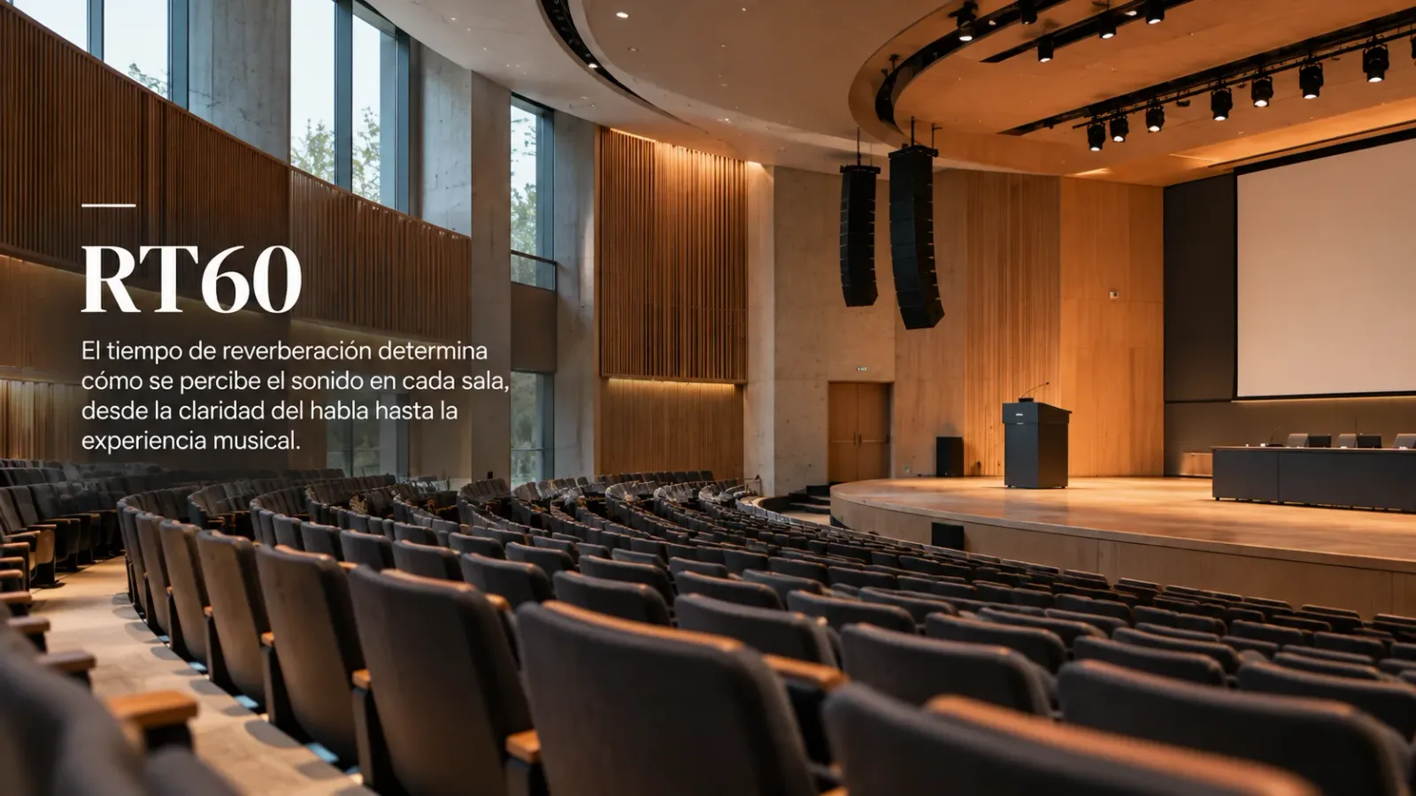 Auditorio con butacas en abanico, revestimientos de madera, line array suspendido y atril en el escenario, con el rótulo RT60