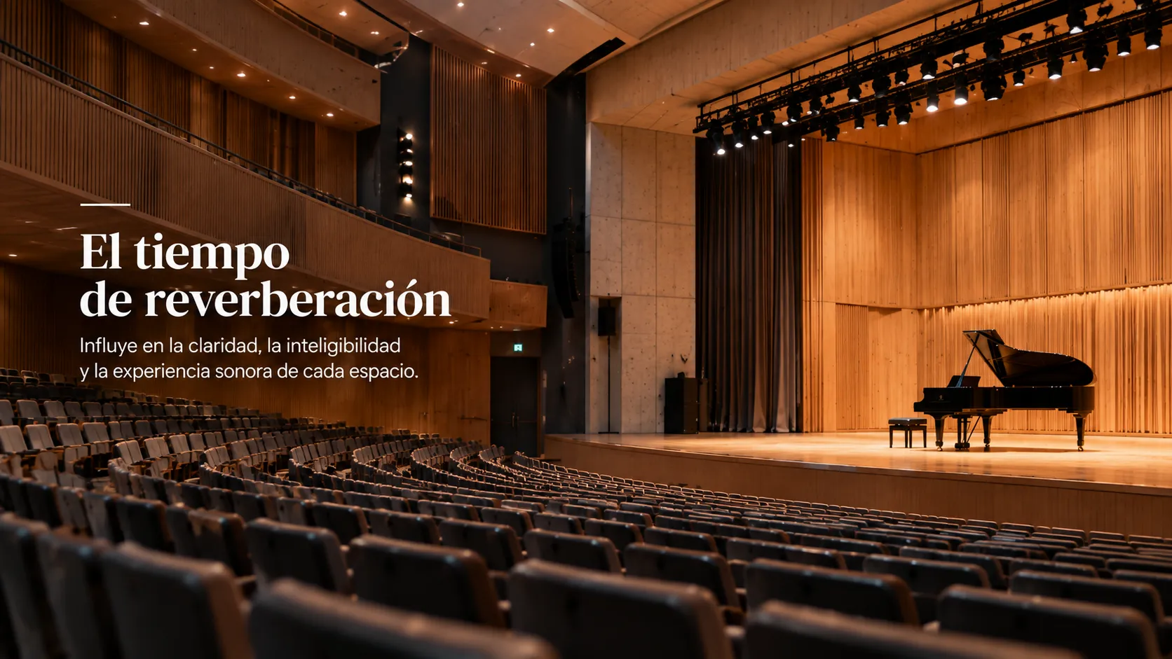 Sala de conciertos con piano de cola en el escenario, paredes revestidas de madera y butacas vacías, con el rótulo El tiempo de reverberación