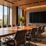 Sala de reuniones con mesa de madera, ventanales de vidrio, pantalla en la pared y listones de madera en el revestimiento