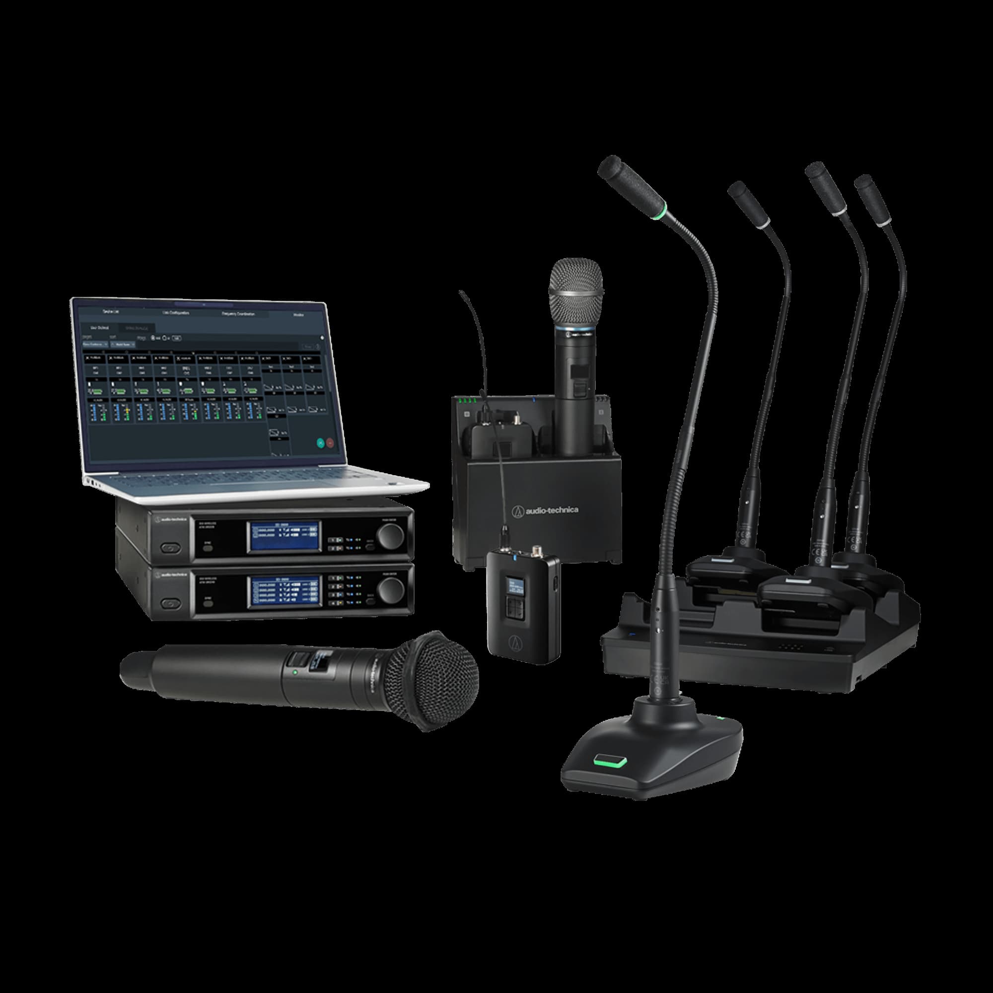 Audio en red para instalaciones profesionales: cómo diseñar sistemas Dante/IP escalables y fáciles de gestionar 9 Sistemas de microfonía inalámbrica Audio-Technica con receptores, micrófonos de mano, transmisores y control digital para instalaciones profesionales.