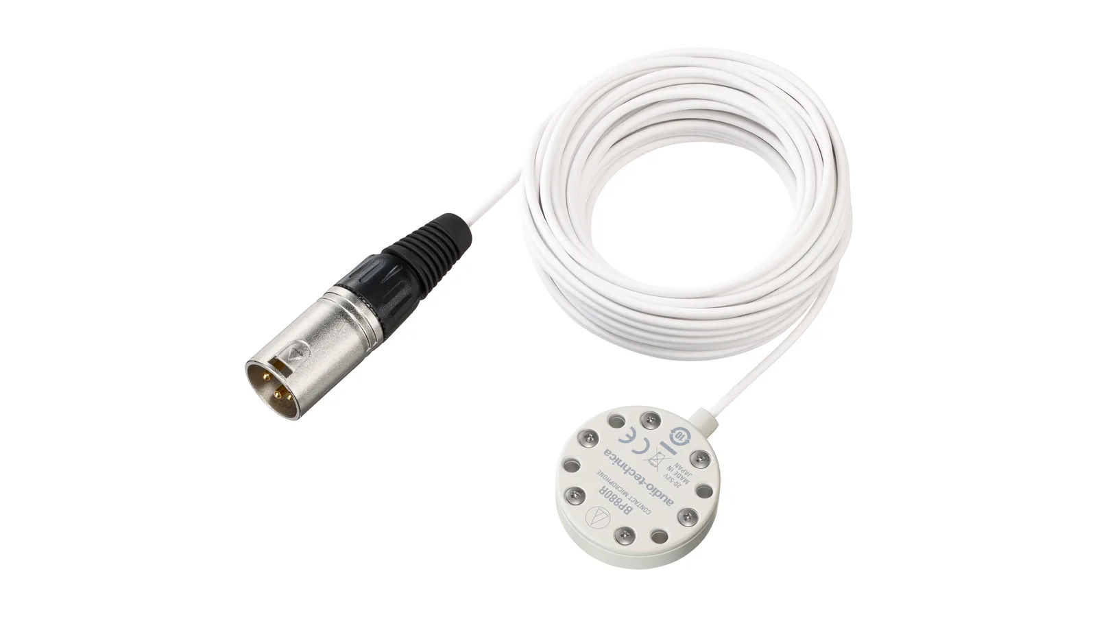 Micrófono de contacto BP880R de Audio-Technica con cable blanco de 20 metros y conector XLR
