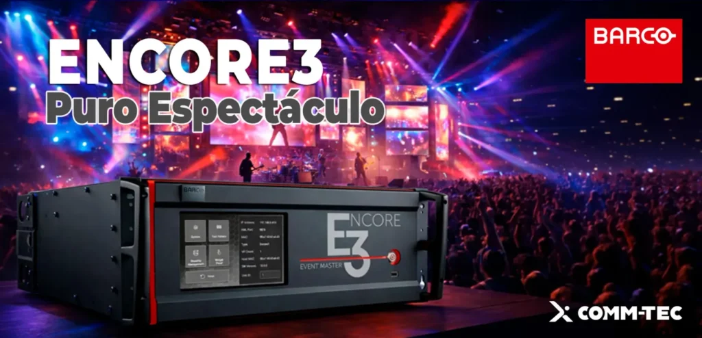 Procesador Barco Encore3 de la familia Event Master ante un escenario de concierto con pantallas LED