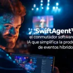 Banner de Barco SwiftAgent con un técnico que sostiene una tableta con la interfaz de producción y el lema «el conmutador software con IA que simplifica la producción de eventos híbridos»