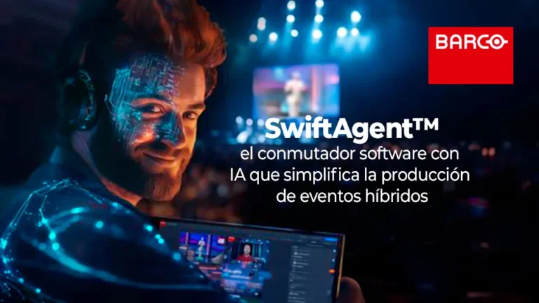 Banner de Barco SwiftAgent con un técnico que sostiene una tableta con la interfaz de producción y el lema «el conmutador software con IA que simplifica la producción de eventos híbridos»