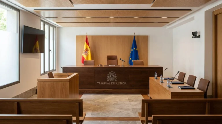 Recreación digital de una sala de vistas con estrado, micrófonos de cuello de cisne, mesa de partes, pantalla mural y cámara de videoconferencia